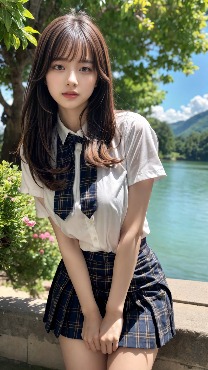 (absurdres:1.3), (highres:1.3), (ultra detailed:1.3),(1girl:1.3), (extremely detailed CG unity 8k wallpaper:1.3), (detailed skin texture, detailed cloth texture, detailed hair texture), (beautiful detailed face, supermodel, pale skin, realistic glistening skin), (RAW photo, best quality), (realistic, photo-realistic:1.4), masterpiece, extremely delicate and beautiful,Amazing, finely detail, extremely detailed CG unity 8k wallpaper, huge filesize, ultra-detailed, highres, absurdres, soft light,rim light, vibrant details, hotel room, straight hair, large breasts, black hair color, Big Natural Color Lip, (perfect body shape), beautiful legs, 20 years old, Beauty、Well-formed face、Make your eyes even、Large sagging eyes、Beautiful black hair、Has bangedium build、Well-balanced proportions、Arms wrapped around his back, hands tie behind back, Tartan plaid pleated skirt、Blue Short Sleeve Blouse、Beautiful scenery、(front view:1.3), Leaning against a large tree on the shore of a beautiful lake、