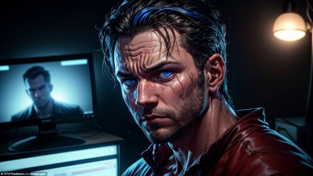 High-Stakes Trade: Jason, with a tense expression and sweat glistening on his forehead, watches the fluctuating market on his screen. Blue lighting from his desk lamp casts dramatic shadows across his face as he makes a crucial trade decision.undefined, undefined, undefined, undefined, 