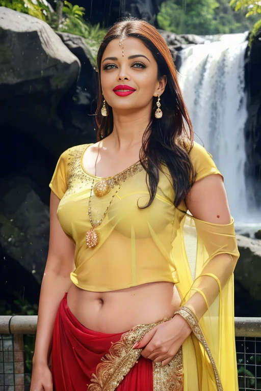 Full body photo of sexy 42 year old busty Aishwarya Rai Bachchan , ,red lipstick , deep cleavage, pony tail hair, , look at viewer and laughing (cinematic:1.3), intricate details, (ArtStation:1.2), wearing yellow see through mini skirt drenched under heavy waterfall with her wet hair and water flowing all along her Body, her clothes are wet and sticking to her body, navel seen, full body and legs seen