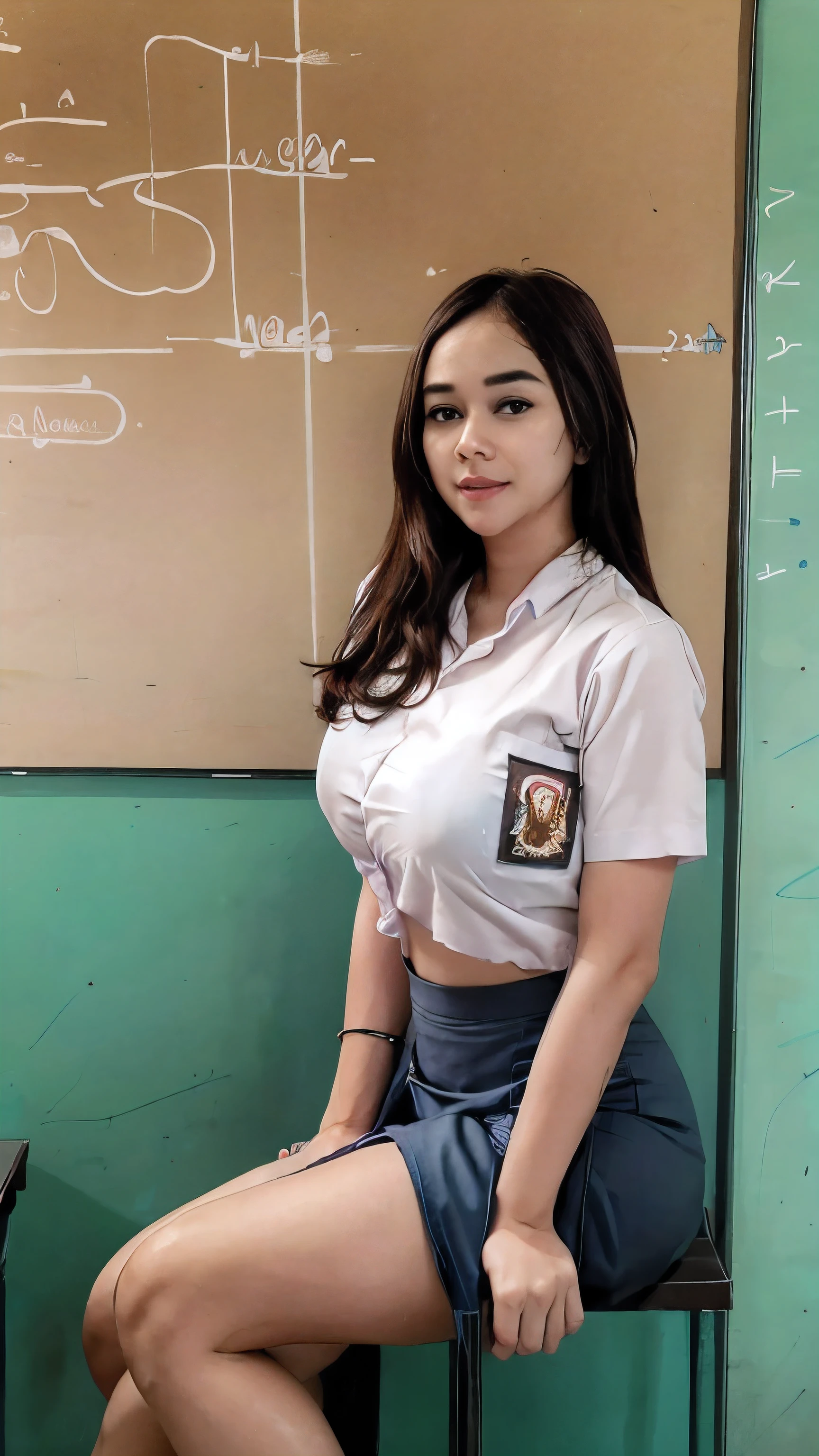 multiple girl, 2girls at foto, RAW, Best quality, high resolution, masterpiece: 1.3), Beautiful young java woman wearing blazeer, vurious pose, sitting reading book, open legs, sensual body, big breasts, Best quality, high resolution, Masterpiece: 1.3, Masterpiece, ((At classroom with whiteboard)), highres, 4k, HDR, 3girls, photorealistic, realistic, big breasts, ((whole body)) turning away facial at viewer, closeup, faint smile, crop shirt and pencil skirt