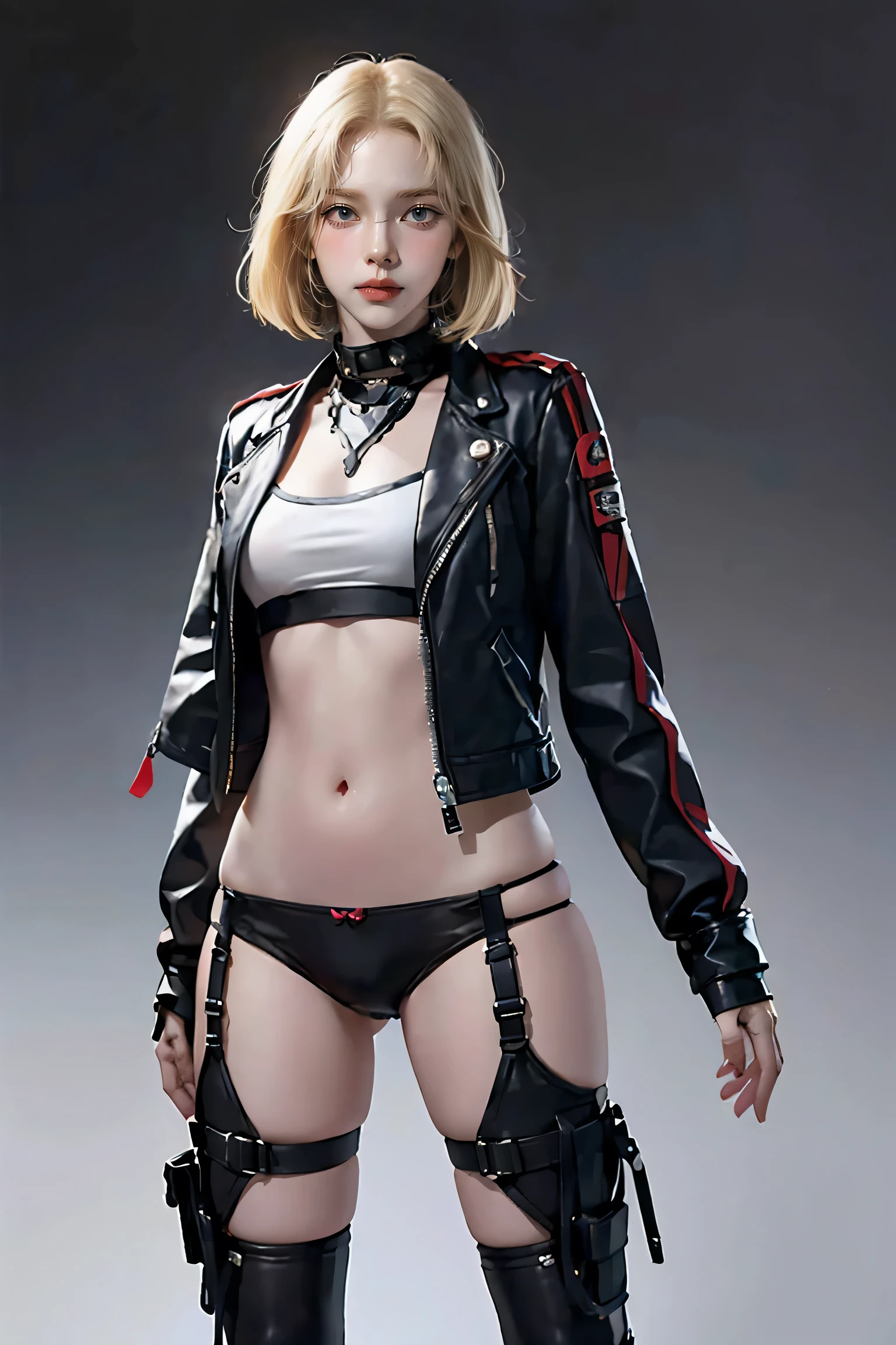 (((Highest quality: 1.4))),(An unparalleled masterpiece), (Ultra-high resolution),(Ultra-realistic 8K CG), Official Art,Large Breasts (((Adult body))), (((A girl in a sexual position))), , Punk girl with a perfect body, Jacket with metal spine,Beautiful and well-groomed face,,Detailed punk fashion,leather jacket, (Head to thigh image),(( Blonde, Long Bob )), small leather panties, Simon Bisley's urban brutalist style,Detailed street background of London,Clean abs, Complex graphics, Deep pink with white stars、Grey and white striped poison tattoo )), , ab
