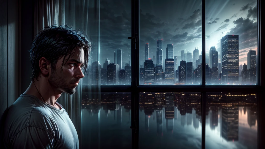 Late-Night Reflection: Jason stands by a window, bathed in soft blue light from the cityscape outside. His tired eyes reflect his inner struggle and determination, as he gazes out at the city with a thoughtful expression. undefined, undefined, undefined, undefined, 