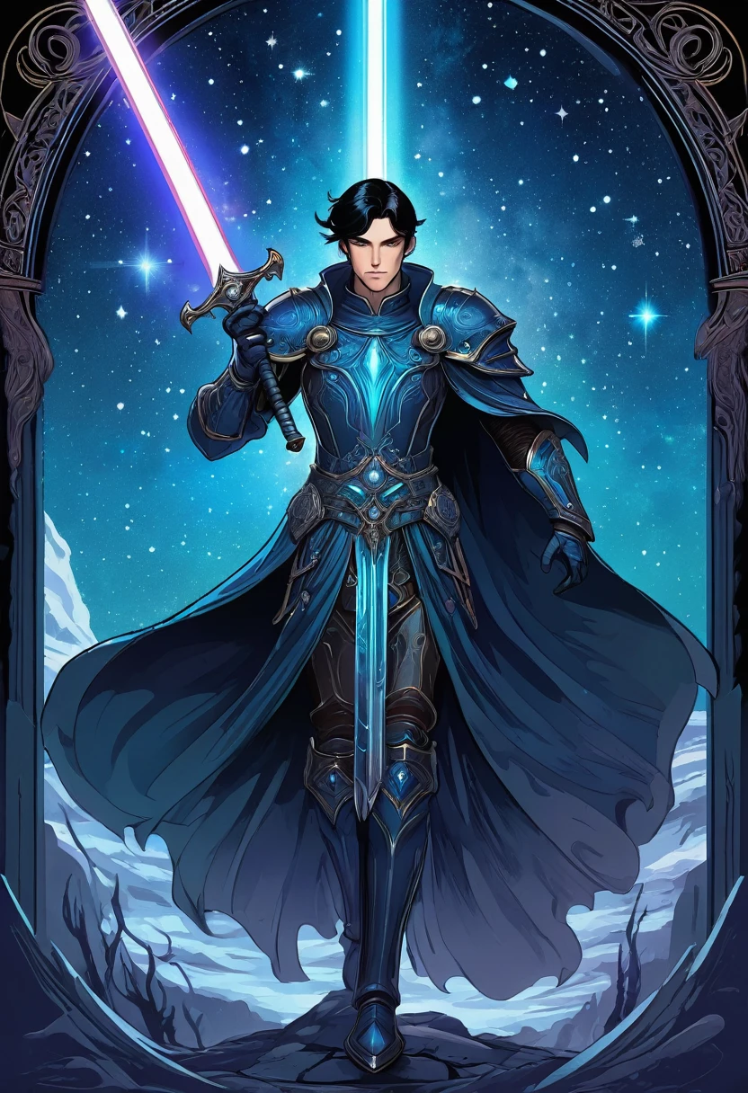 fantasy border, tall man with short black hair and white eyes, he is a dark mysterious paladin, his glowing blue greatsword is on his back, background of stars, night sky background, good anatomy, dynamic pose, good proportions, modern style, vector, highly detailed, intricate, masterpiece, realistic, professional, Dark Fantasy, d&d, (centered), (well framed), vector-art, gradient color, detailed, realistic, professional art masterpiece, (Art Nouveau), Illustration by Alphonse Mucha, (vector-art:1.1) Negative prompt