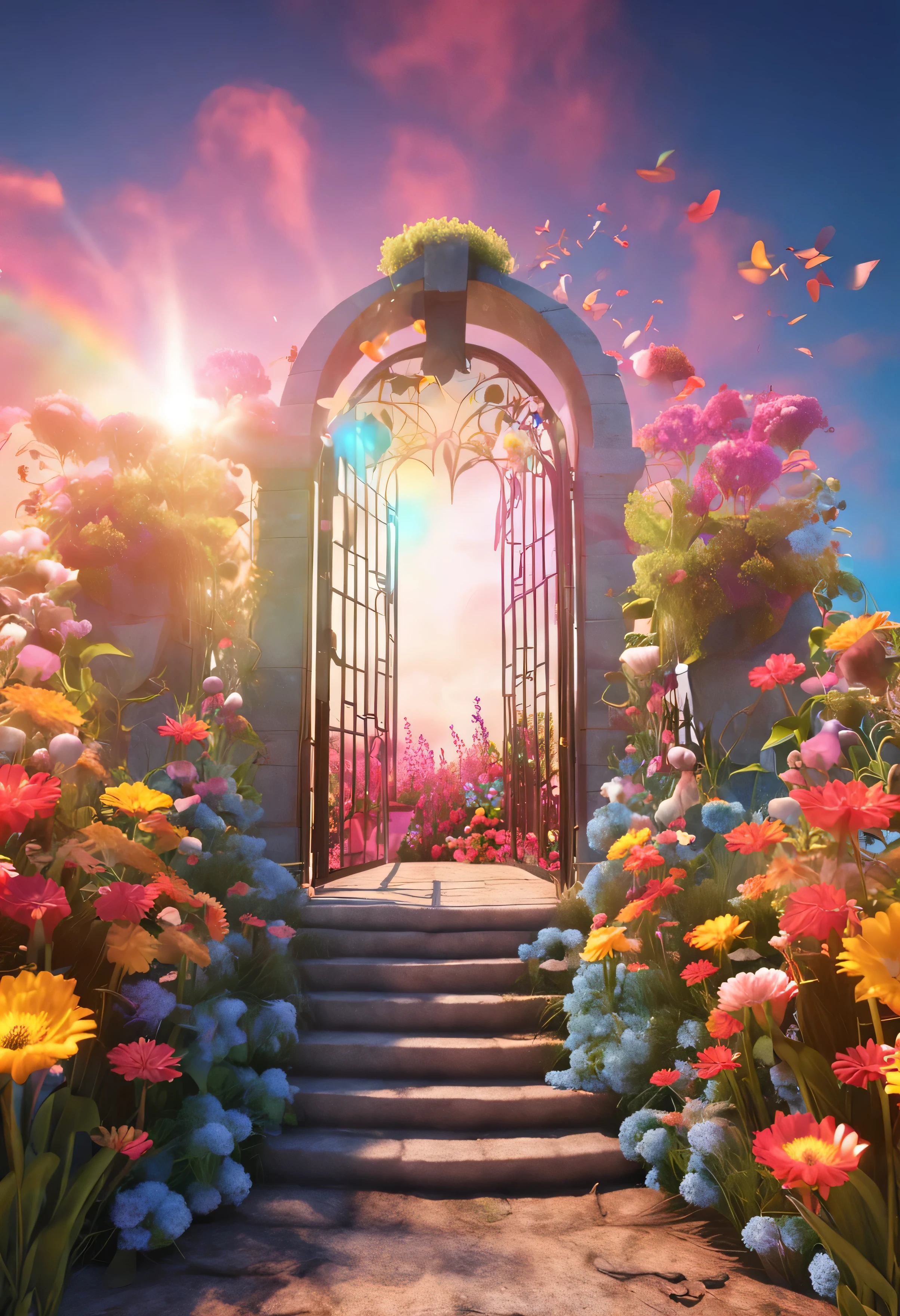Background of studio photography, Rainbow blue sky and flower arch,Super RALISTA Fantasy Background,4K