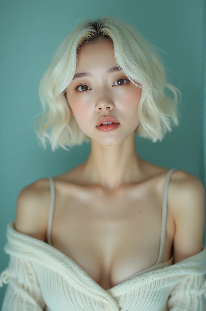 A Korean woman with short, white hair, a beautiful face showing her cleavage, wearing a casual outfit. The style of the picture is surreal, pastel tones, mid shot, dramatic lighting.