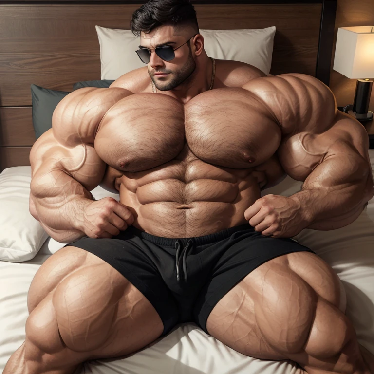 a very handsome young man, massively large, shirtless wearing black shorts, mid fade haircut, sunglasses, massively muscular, massively large muscles, massively large biceps, massively large arms, massively large shoulders, massively large chest, massively large and massively muscular body, massively large bulge, massively large bump, sitting on a bed leaning against the headboard of the bed