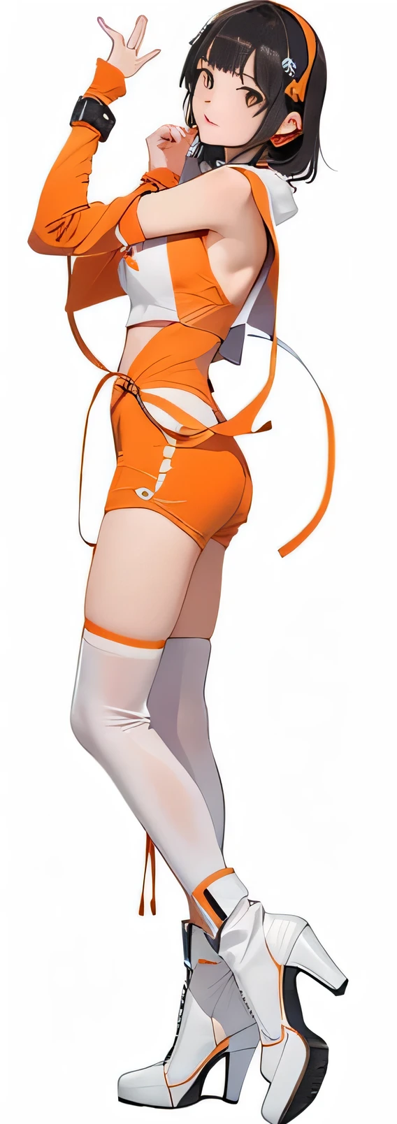 Natasha is standing blushing in an orange high-cut leotard that shows off her shoulders and thighs.。