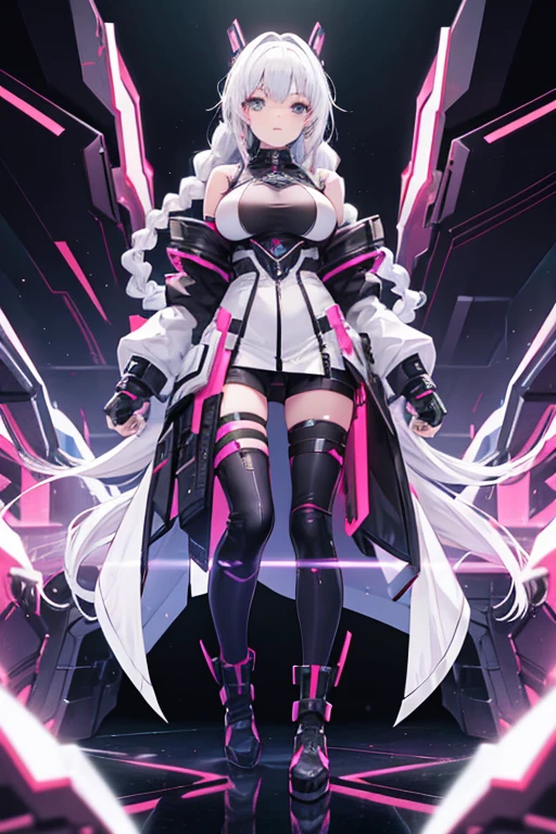 Highest quality,One girl,Standing girl,cyber punk,White Hair,Long braids,Two braids,Big Breasts,Black boots
