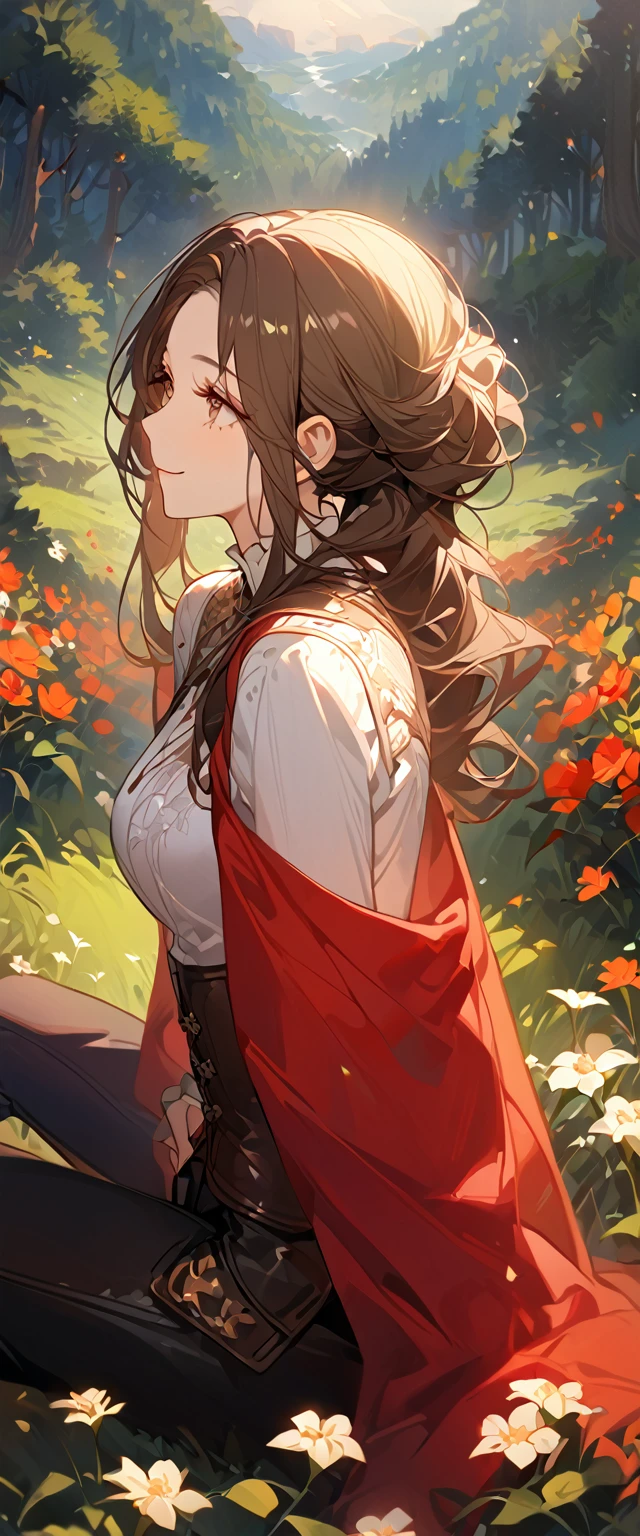 camera angle from top side slightly to the side, masterpiece, 2 female, dark brown hair, long hair, brown eyes, smiling gently, look away, white shirt, shirt by the shoulder, leather corset, black long pants, sitting, 1 female on the background, white long hair, black clothes with red cape, face slightly facing up, flower field, forest background, 8k ,4k , best quality, high quality, masterpiece, embroidery clothes, big chest, all kind of hairstyle, inspired by Asukaziye artist : ask, art style : ask