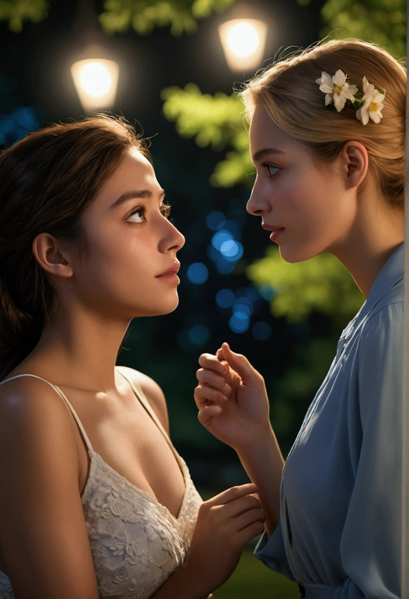 Moonlit Confession, 2 beautiful women, night beach
