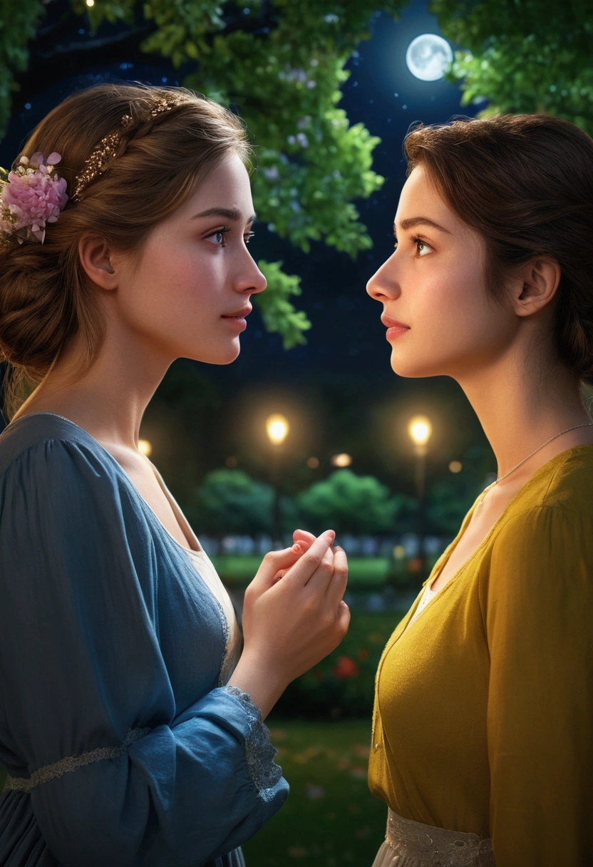 Moonlit Confession, 2 beautiful women, night beach