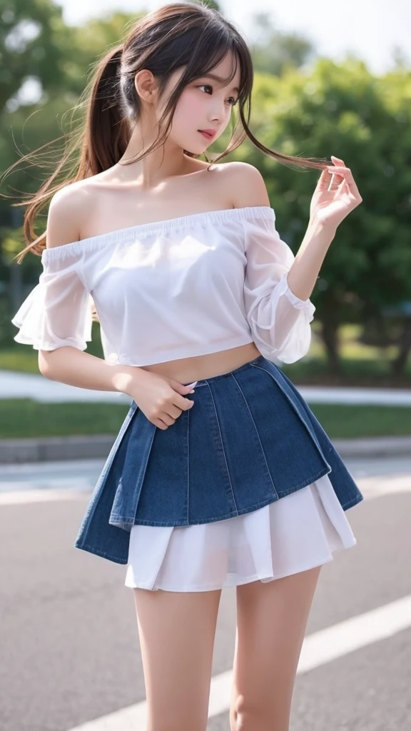 beautiful girl､high school girl､mini skirt､See-through､Fluttering in the wind､Off the shoulder