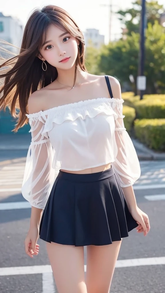 beautiful girl､high school girl､mini skirt､See-through､Fluttering in the wind､Off the shoulder