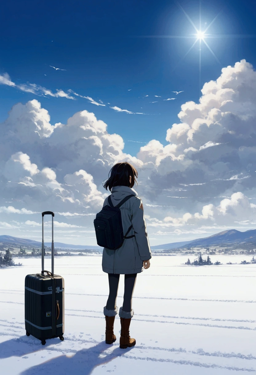 A girl stared at the sky in the distance、Alone、cabelos preto e longos、Gray luggage jacket、Check the muffler、shorter pants、Black tights、Long boots、low angles、from rear、shadowy、Snowscape、Oyuki、diamond dust、Snow Country、zori、top-quality、tmasterpiece、clouds、Sad atmosphere、Looks like you're about to cry、Makoto Shinkai's style
