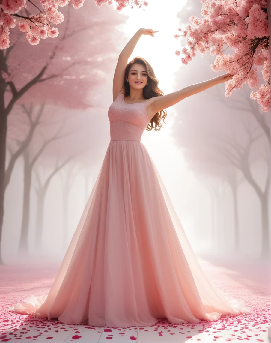 unique, full height, graceful figure, beautiful two legs, beautiful shoes, fast dance pose, brunette, beautiful face with expressive eyes, light white tones, fluffy skirt made of burgundy peony petals, Esbian Full Body, White background, daylight, Efeito de Luz, minimalist, Sun, pure tenderness, soft lighting, Realism, woman, who dances on a super-giant pink peony flower petal (petals made of thin, soft voile fabric, full background of flowing transparent pink petals, soaring single peony flower in hand - long stem above head, a huge giant burgundy peony above her head, Smoke effect, fog, mixed with burgundy peony petals), ((ss-through)), masterpiece, atmospheric perspective, 8k, super detailing, accuracy, Best quality