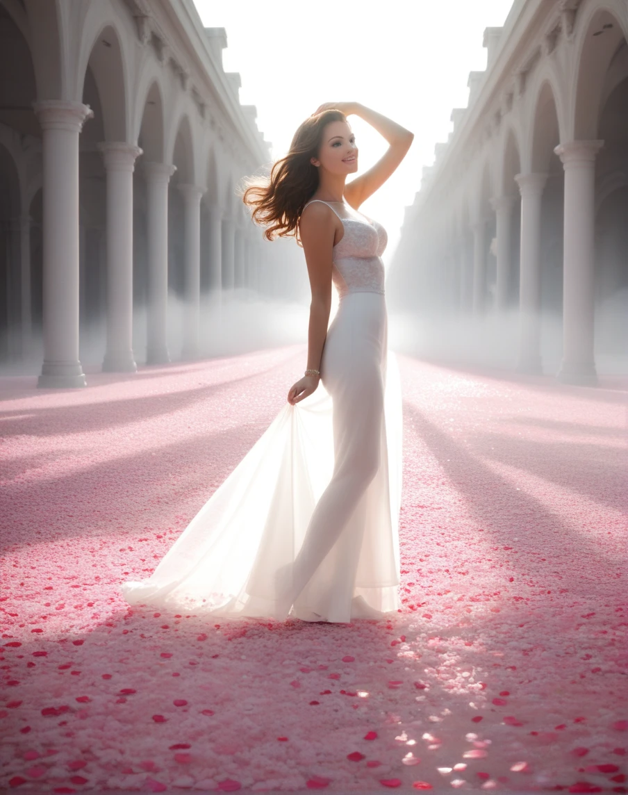 unique, full height, graceful figure, beautiful two legs, beautiful shoes, fast dance pose, brunette, beautiful face with expressive eyes, light white tones, fluffy skirt made of burgundy peony petals, Esbian Full Body, White background, daylight, Efeito de Luz, minimalist, Sun, pure tenderness, soft lighting, Realism, woman, who dances on a super-giant pink peony flower petal (petals made of thin, soft voile fabric, full background of flowing transparent pink petals, soaring single peony flower in hand - long stem above head, a huge giant burgundy peony above her head, Smoke effect, fog, mixed with burgundy peony petals), ((ss-through)), masterpiece, atmospheric perspective, 8k, super detailing, accuracy, Best quality