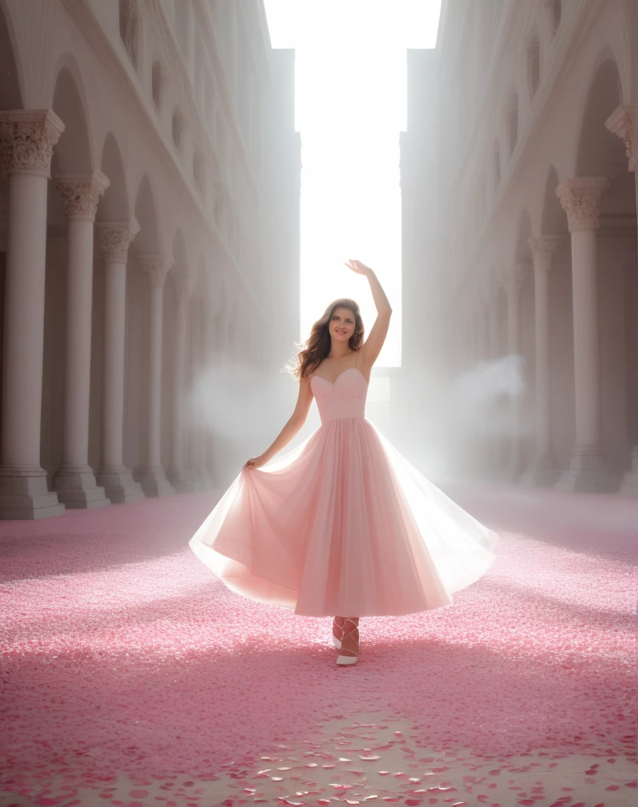 unique, full height, graceful figure, beautiful two legs, beautiful shoes, fast dance pose, blonde, beautiful face with expressive eyes, light white tones, fluffy short skirt made of white rose petals, Esbian Full Body, blue-lilac background, daylight, Efeito de Luz, minimalist, Sun, pure tenderness, soft lighting, Realism, woman, who dances on a super-giant rose petal (petals made of thin, soft voile fabric, full background of flowing  pink petals, soaring single rose flower in hand - long stem above head, huge giant rose above her head, Smoke effect, fog, mixed with burgundy peony petals), ((ss-through)), masterpiece, atmospheric perspective, 8k, super detailing, accuracy, Best quality,