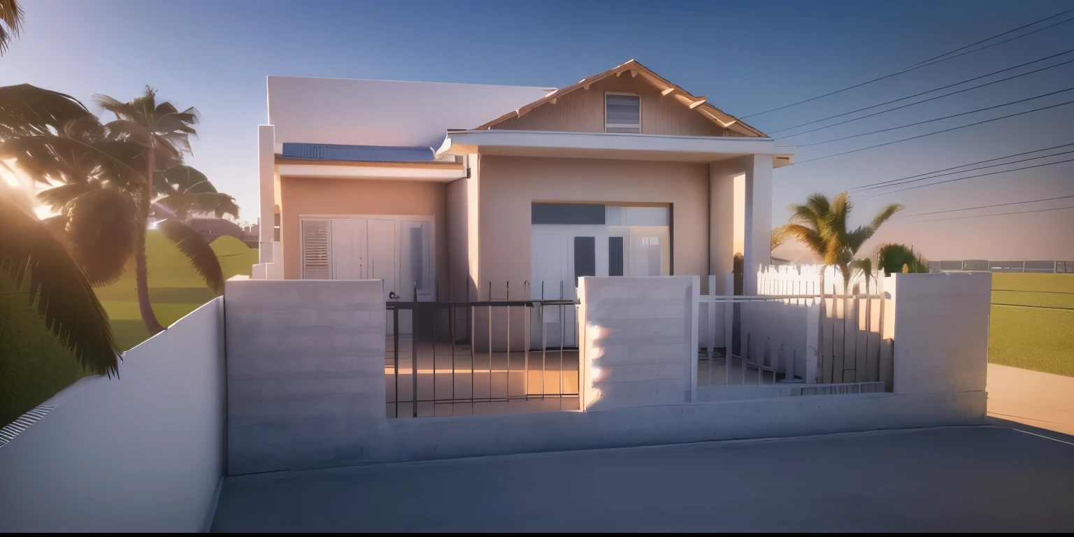 arafed drawing of a small house with a fence and a palm tree, complete house, frontview, rendered, front elevation view, 2 d render, render 3 d, front-view, 3 d model, 3d model, sketch - up, vue 3d render, 2d side view, rendered 3d model, wide establishing shot, residential design