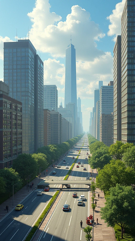 Depict a modern city with infrastructure adapted to coexist with large dinosaurs. Show buildings, roads, and parks designed to accommodate and protect both humans and roaming dinosaurs."