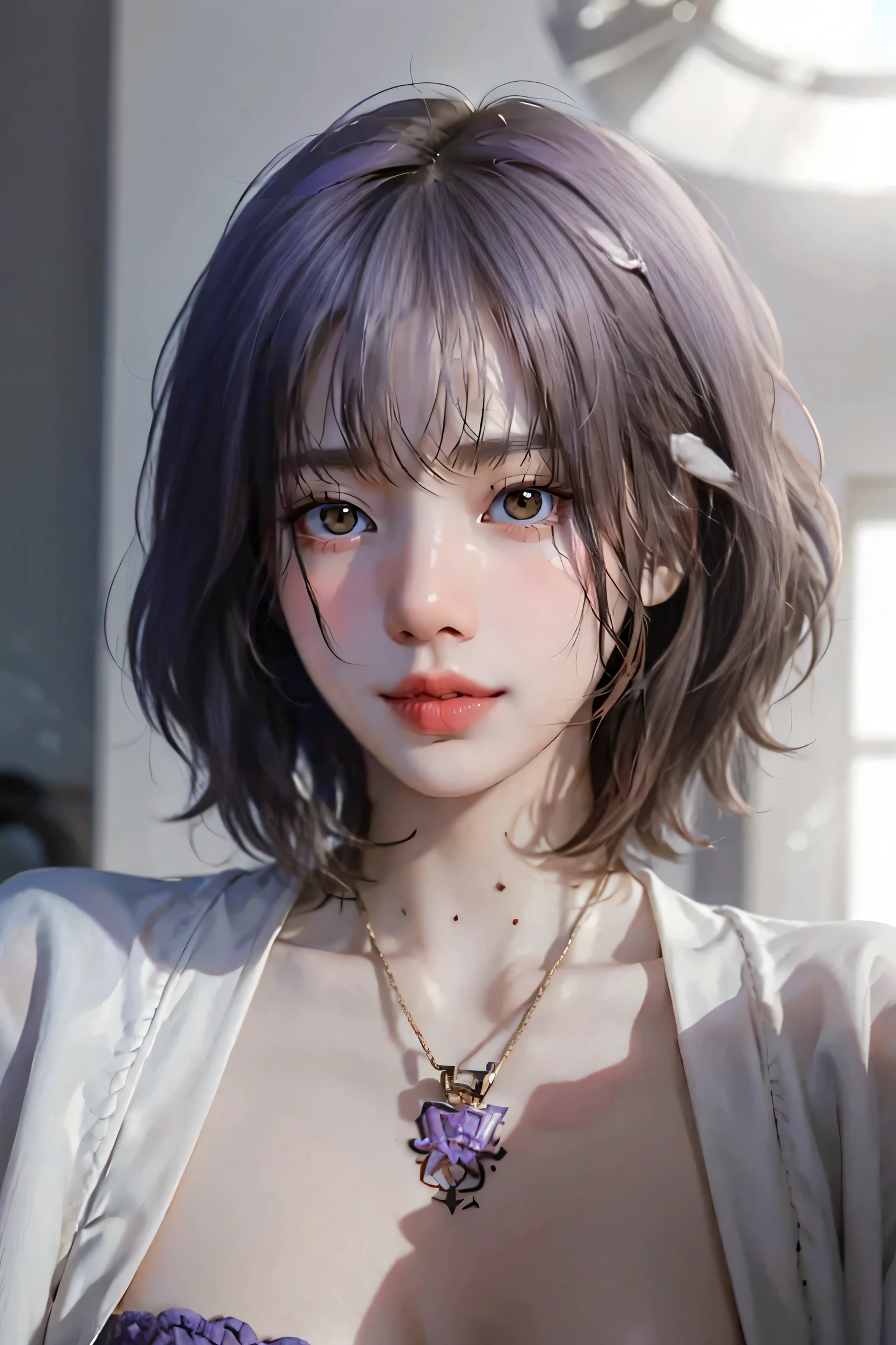 ((Close-up of a woman with tattoos on her chest)), girl, Short white hair with bangs, Black strands of hair, Purple eyes, White T-shirt and white cape, Pendant around the neck. 超High resolution.Photorealistic. 超High resolution.Photorealistic:1.4,超High resolution. Realistic，High resolutionで, masterpiece, Highest quality, Very detailed, Better Shadows, Volumetric lighting), super high quality, High resolution, 8k, Ultra-Realistic Portraits , Photorealistic, Dynamic Lighting, Volumetric lighting, Very detailed顔,(NSFW:0.9),Large Breasts