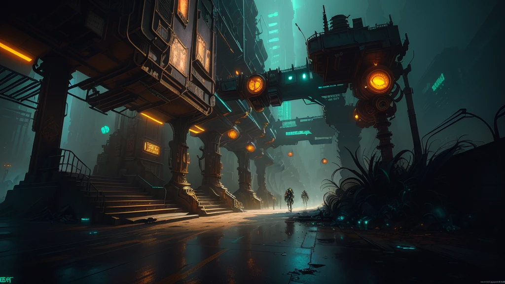 steampunk cyberpunk concept art, underground city, urban concept art, in fantasy sci - fi city, cyberpunk dreamscape, stylized urban fantasy artwork, bioshock concept art, luminescent concept art, professional concept art, senior concept artist, high resolution concept art, high quality digital concept art, post grunge concept art, detailed digital concept art