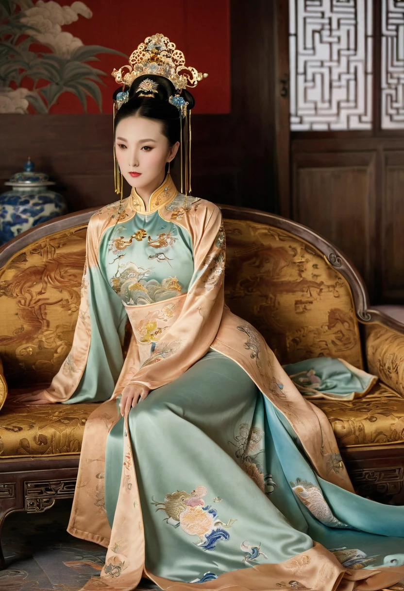 Gorgeous Empress of the Chinese Court during the Qing Dynasty Gorgeous Empress of the Chinese Court on a sofa, nude, large and golden, with her legs on the sofa, wide open, knees bent, in an M pose (pornographic pose), with her hair tied on both sides The background of this perverted and erotic woman wearing a crown and tying her hair is the Chinese court of the Qing Dynasty. The scene is set in the luxurious room of an empress in the Qing Dynasty Chinese court.

Translated with DeepL.com (free version)