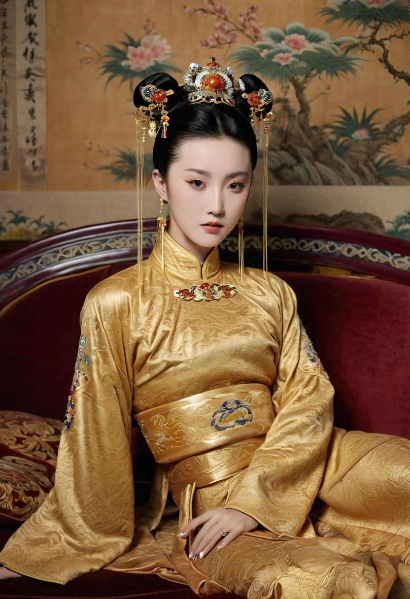 Gorgeous Empress of the Chinese Court during the Qing Dynasty Gorgeous Empress of the Chinese Court on a sofa, nude, large and golden, with her legs on the sofa, wide open, knees bent, in an M pose (pornographic pose), with her hair tied on both sides The background of this perverted and erotic woman wearing a crown and tying her hair is the Chinese court of the Qing Dynasty. The scene is set in the luxurious room of an empress in the Qing Dynasty Chinese court.
Translated with DeepL.com (free version)
