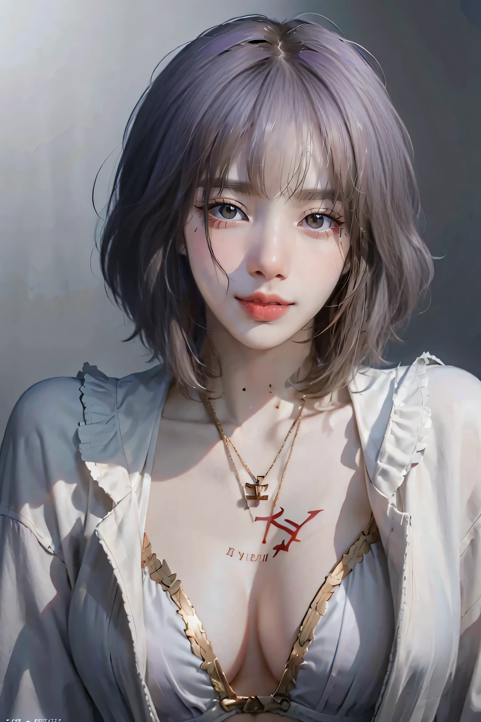 ((Close-up of a woman with tattoos on her chest)), girl, Short white hair with bangs, Black strands of hair, Purple eyes, White T-shirt and white cape, Pendant around the neck. 超High resolution.Photorealistic. 超High resolution.Photorealistic:1.4,超High resolution. Realistic,High resolutionで, masterpiece, Highest quality, Very detailed, Better Shadows, Volumetric lighting), super high quality, High resolution, 8k, Ultra-Realistic Portraits , Photorealistic, Dynamic Lighting, Volumetric lighting, Very detailed顔,(NSFW:0.9),Large Breasts