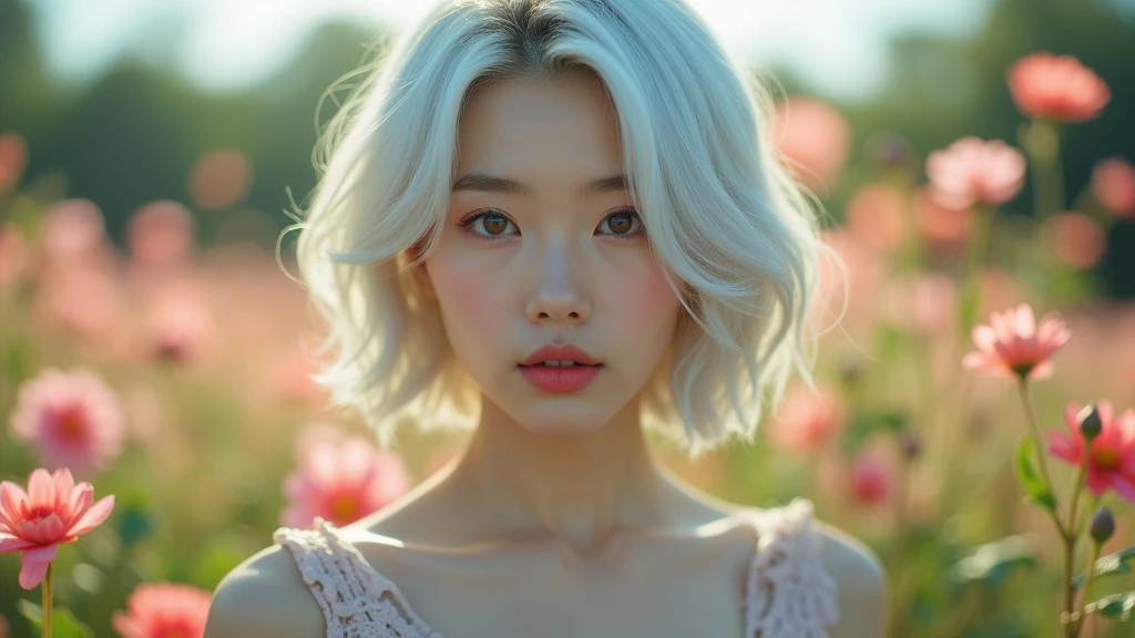 Short-haired, white-haired Korean woman, beautiful face showing her cleavage, wearing casual clothes in a flower garden. Surrealistic style, pastel tones, mid shot, dramatic lighting.