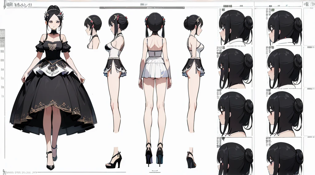 ((Highest quality)), ((masterpiece)), ((Realistic)) 19 years old, Black Hair Girl, Waist-length hair, Relaxed happy face ((thin)) (Big Breasts), ((( Prom Dresses))) (((mini skirt))) ((Sexy Dress)) ((( Under the skirt ))) (((White Thong))) Bun hairstyle, (((Detailed character sheet, Front view, Side view, 3/4 Views))) (((White Background))) Six and a half whole bodies