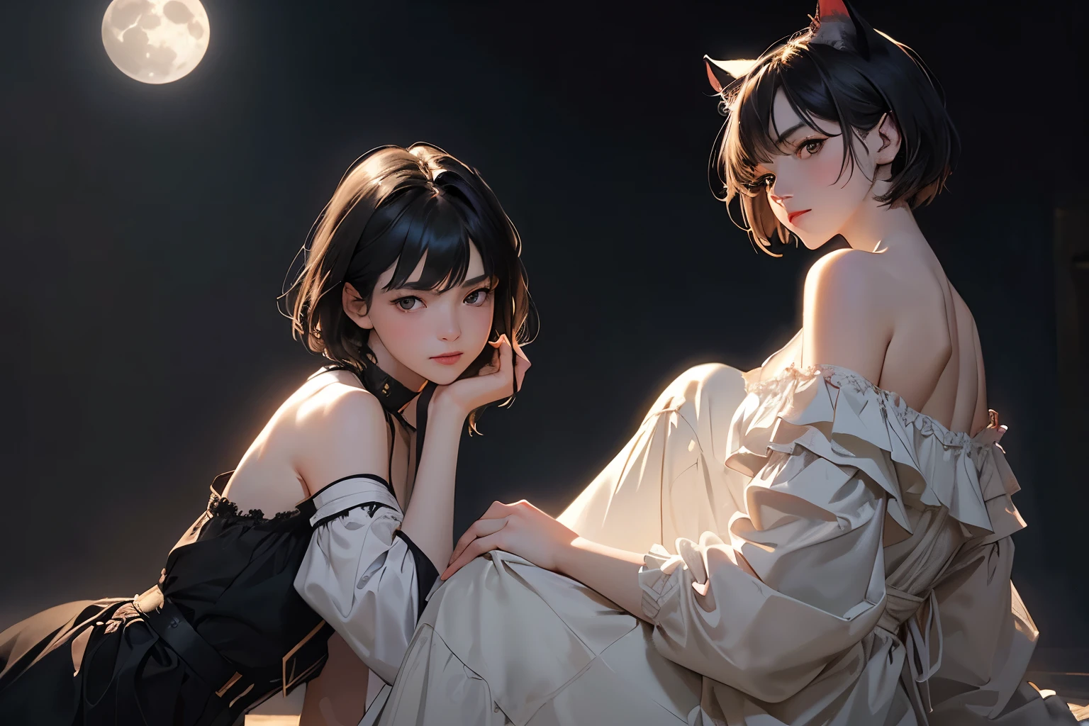 (Sargent-style watercolor)、(Highest quality、masterpiece)、(Realistic:1.5), RAW Photos, (Shabby attic)、((2 girls)), (Off the shoulder,Cat ear、short hair、Sexy Looks, whole body、Sitting shoulder to shoulder)、 In the Dark, Deep Shadow, secret key, Cold Light, dim、lamp、(Simple Background)、(Full moon in the night sky:1.2)、((Black background))、