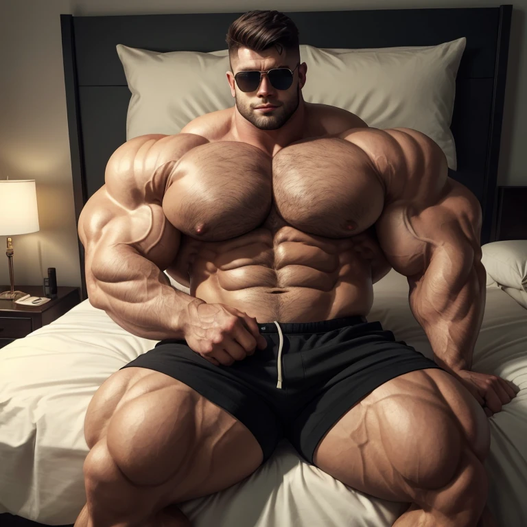 a very handsome young man, massively large, shirtless wearing black shorts, mid fade haircut, sunglasses, massively muscular, massively large muscles, massively large biceps, massively large arms, massively large shoulders, massively large chest, massively large and massively muscular body, massively large bulge, massively large bump, sitting on a bed leaning against the headboard of the bed