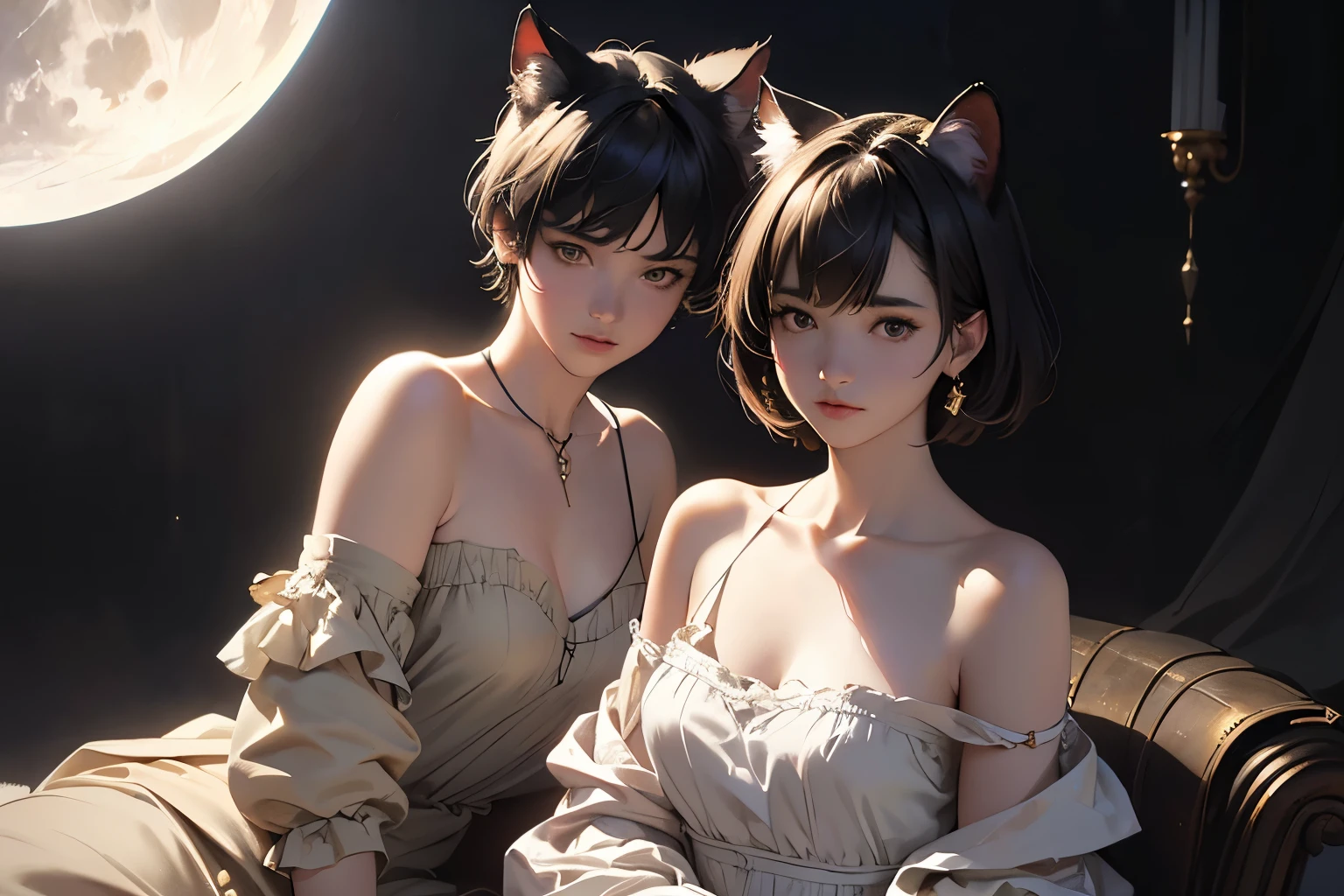 (Sargent-style watercolor)、(Highest quality、masterpiece)、(Realistic:1.5), RAW Photos, (Shabby attic)、((2 girls)), (Off the shoulder,Cat ear、short hair、Sexy Looks, whole body、Sitting shoulder to shoulder)、 In the Dark, Deep Shadow, secret key, Cold Light, dim、lamp、(Simple Background)、(Full moon in the night sky:1.2)、((Black background))、