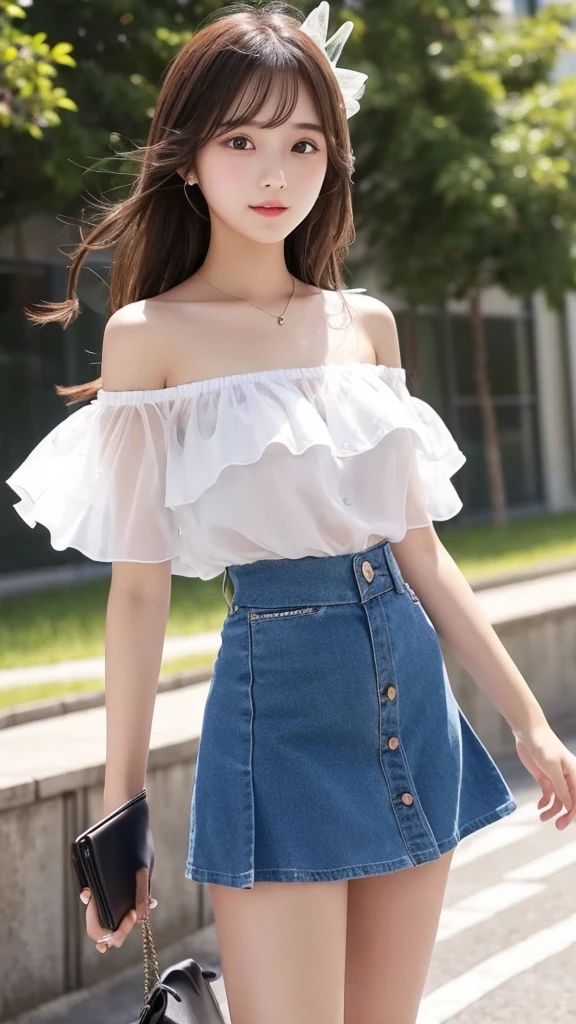 beautiful girl、high school girl、mini skirt、See-through、Fluttering in the wind、Off the shoulder