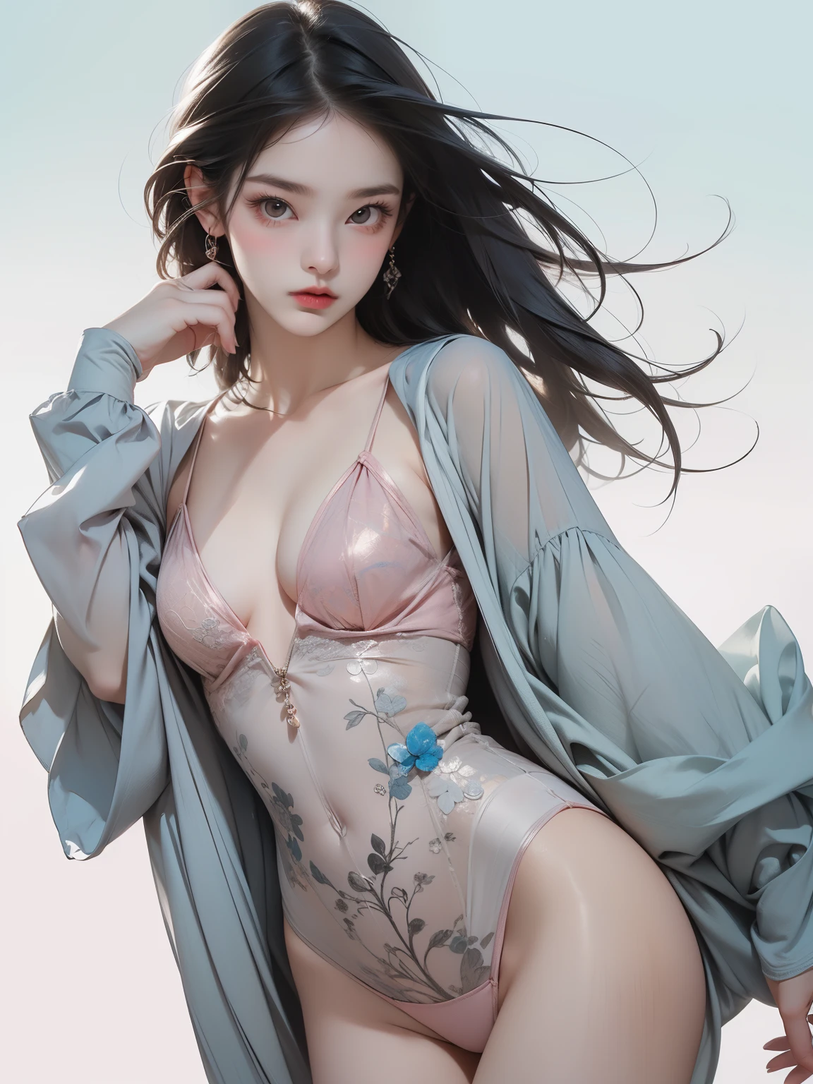 (masterpiece, Highest quality, One girl, alone, Intricate details, chromatic aberration), (Realistic), (顔のshape: Long face),(eye: きりっとしたeye, Cold Stare, eye shadow),(nose: nose筋のthinnose),(mouth: Neutral lips),(skin: 透明感のある白いskin), (shape: Wide Hips, Thigh Gap, Small breasts, thin), (Overall impression: Korean young woman), (Pink Blue Background), Strike a Pose