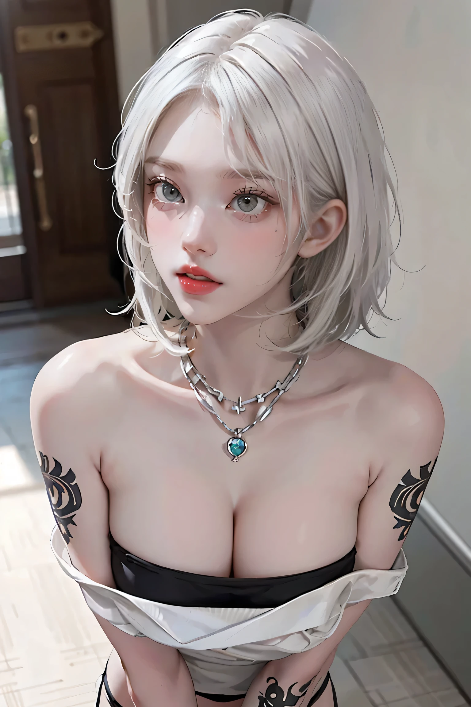 ((woman with tattoo on chest)), girl, Short white hair with bangs, Black strands of hair, Purple eyes, White T-shirt and panties, Pendant around the neck. Natural and beautiful standing posture, Crisp and realistic body detail. 超High resolution.Photorealistic:1.4,超High resolution. Realistic,High resolutionで, masterpiece, Highest quality, Very detailed, Better Shadows, Volumetric lighting), super high quality, High resolution, 8k, Ultra-Realistic Portraits , Photorealistic, Dynamic Lighting, Volumetric lighting, Very detailed顔,(NSFW:0.9),Large Breasts,