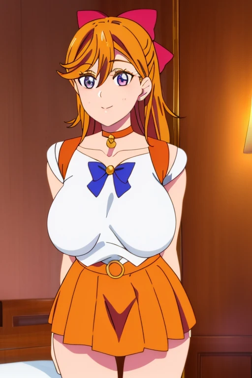 top-quality、​masterpiece、Sailor Senshi Uniform、Anime Aunt、A milf、older、a matural female、Woman in her 40s、milf、aino minako、orange choker、Golden Choker、white glove、elbowgloves、sailorvenus、bow、skirt、独奏、Very long blonde woman、Orange sailor collar、Golden sailor collar、purple bowtie、Orange Skirt、Golden skirt、magical 、back_bow、Blue-eyed woman、red_bow、jewelry、circlet、earrings、hair_bow、White leotard、highleg leotard、white dress、a miniskirt、pleatedskirt、smile、Half Up Hair、rating:safe、Woman standing、is_ass visible_through_thighs、cowboy_shot、rating:questionable、Leotila、looking_at_viewer、Woman with very large breasts、huge tit、black_background、Blue_background、shiny、a miniskirt、pleatedskirt、collarbone、bangs、Bare shoulders、bare legs、rei hino as a princess、(1990's\(styles\):0.9)