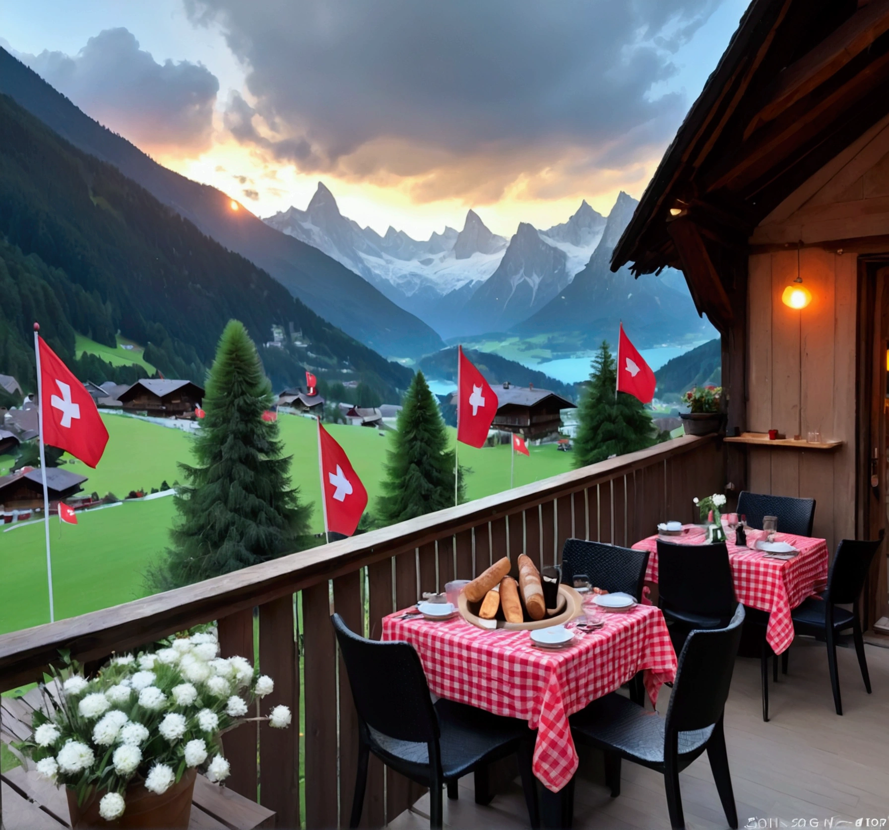 Time-lapse clouds dance across an azure Swiss sky, revealing a breathtaking Alpine panorama. Zoom in, From a sun-drenched balcony with small Swiss flags, witness snow-capped peaks, emerald valleys, and crystal lakes unfold. Swiss food fondue, bread and white wine on a rustic table in the foreground, Hyper-realistic style captures every detail—weathered wood, glistening dew, and distant cowbells echoing through crisp mountain air.