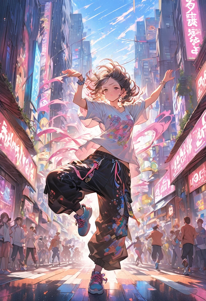 Cute anime girl doing dynamic popping moves, Her body locks sharply、Burst, Precise movement. Dancer wearing an oversized T-shirt and loose pants, Popping dance pose, urban street style, Loose-fitting clothing, Vibrant colors, Dynamic Movement, Street dance background, The background is a futuristic cityscape with shining neon lights.. High quality illustrations, Vibrant colors, Fine fabric texture. Colorful illustration, Very detailed, High resolution, In the style of digital painting, Natural light, masterpiece, High resolution, Octane Rendering Style, Ultra-realistic.