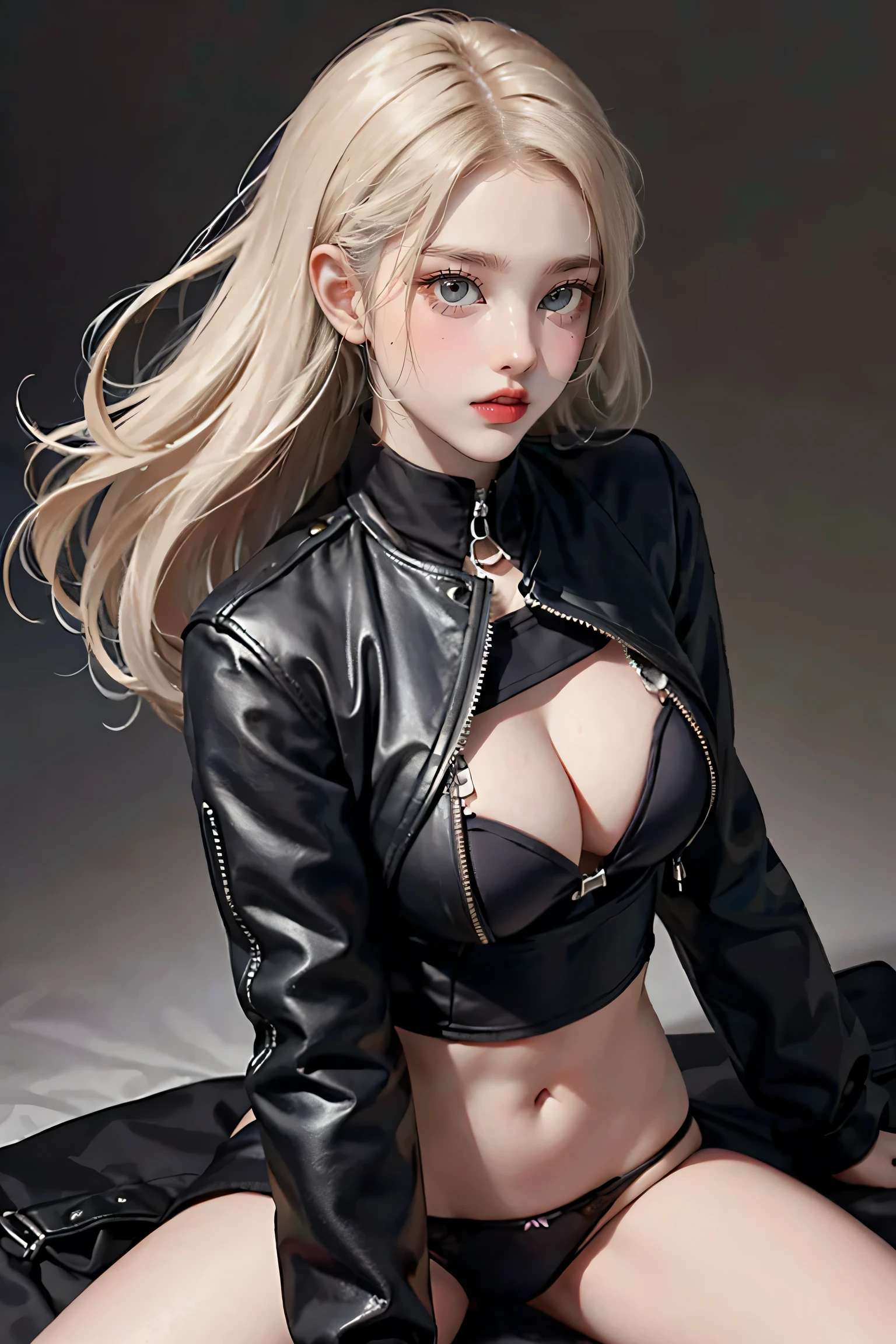 (NSFW:0.8),(((Highest quality: 1.4))),(An unparalleled masterpiece), (Ultra-high resolution),(Ultra-realistic 8K CG), Official Art,(((Large Breasts))), (((Adult body))), (((A girl in a sexual position))), , Punk girl with a perfect body, Jacket with metal spine,Beautiful and well-groomed face,,Detailed punk fashion,leather jacket, (Head to thigh image),(( Blonde, Long Bob )), small leather panties, Simon Bisley's urban brutalist style,Detailed street background of London,Clean ABs, Complex graphics, Deep pink with white stars、Grey and white striped poison tattoo )),