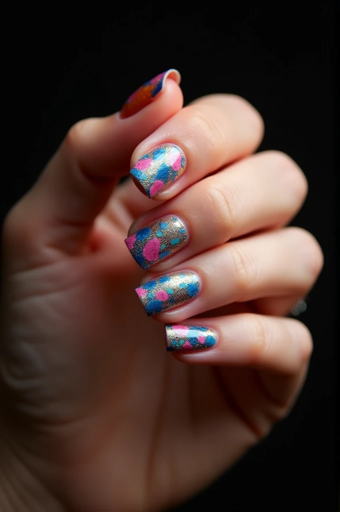 beautiful female hands, decorated nails on fingertips, summer-inspired nail art, colorful and artistic, background black, glitter effects, (ultra detailed, absolutely resolution, best quality:1.3), 2.5D, delicate and dynamic, artistic photography, hyper realistic, graphic CG digital art