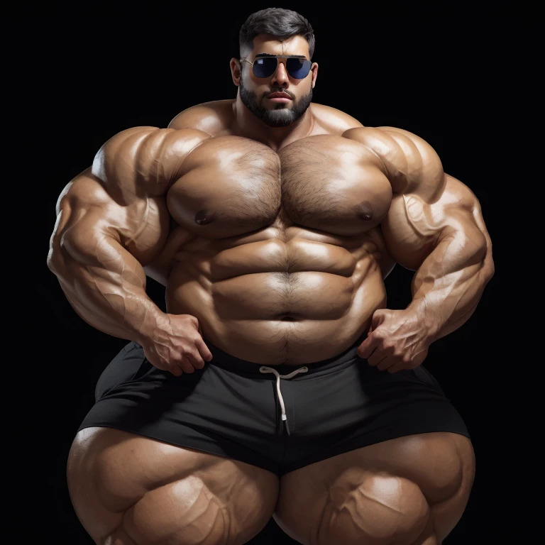 partial blueberry inflation, a very handsome, massively large, shirtless young man wearing black shorts, mid fade haircut, sunglasses, massively muscular, massively large muscles, massively large biceps, massively large arms, massively large shoulders, massively large chest, massively large and massively muscular body, massively large bulge, massively large bump, on a black background