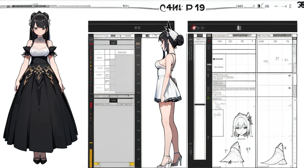 ((Highest quality)), ((masterpiece)), ((Realistic)) 19 years old, Black Hair Girl, Waist-length hair, Relaxed happy face ((thin)) (Big Breasts), ((( Prom Dresses))) (((mini skirt))) ((Sexy Dress)) ((( Under the skirt ))) (((White Thong))) Bun hairstyle, (((Detailed character sheet, Front view, Side view, 3/4 Views))) (((White Background))) Six and a half whole bodies