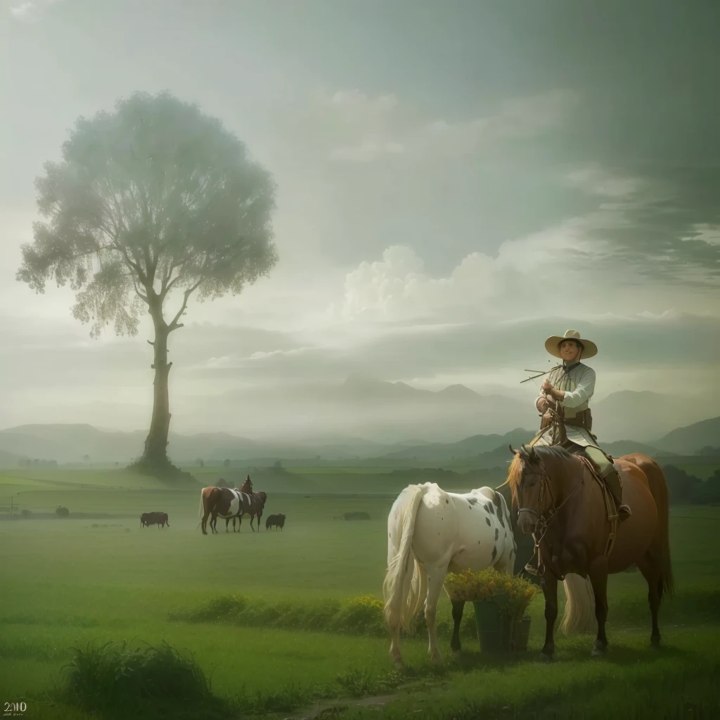 There is a man riding a horse in the field，With two cows, Amazing composition, inspired by Rudy Sisvanto, by Rudy Sisvanto, Photo Processing, Great composition, Surreal photos, synthesis, HD Wallpapers, by Cheng Jiasui, in the Rural, by Basuki Abdullah, Rural, Dreamlike scene, Surreal photosgraphy, Excellent composition