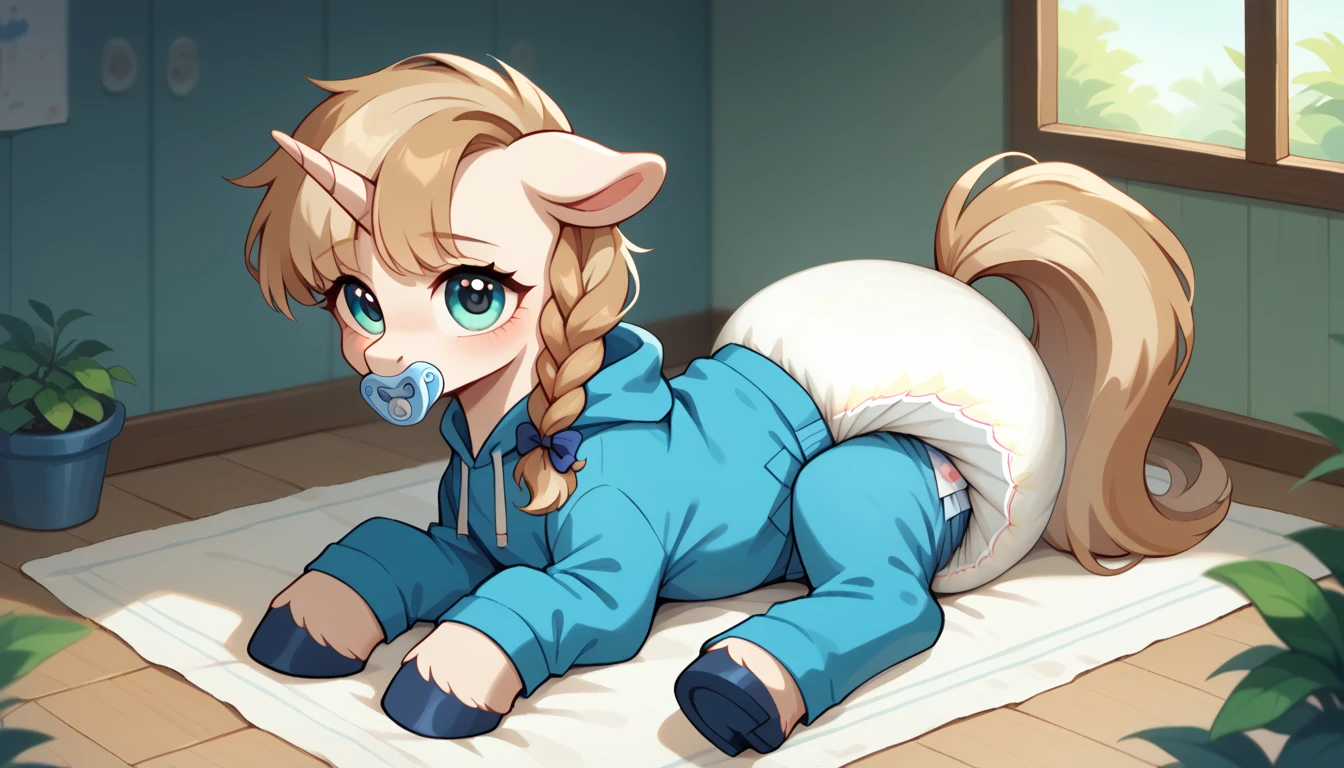 pony, light caramel unicorn, adult filly, plum eyes, lush mane braided into a braid, lush tail, sitting in the room on a soft play mat, dressed in bright blue onesie and blue booties, a blue pacifier in her mouth, solo, a thick light blue diaper under her clothes, bulge on the back of the diaper, between the hind hooves and on the front of the diaper, sagging diaper.