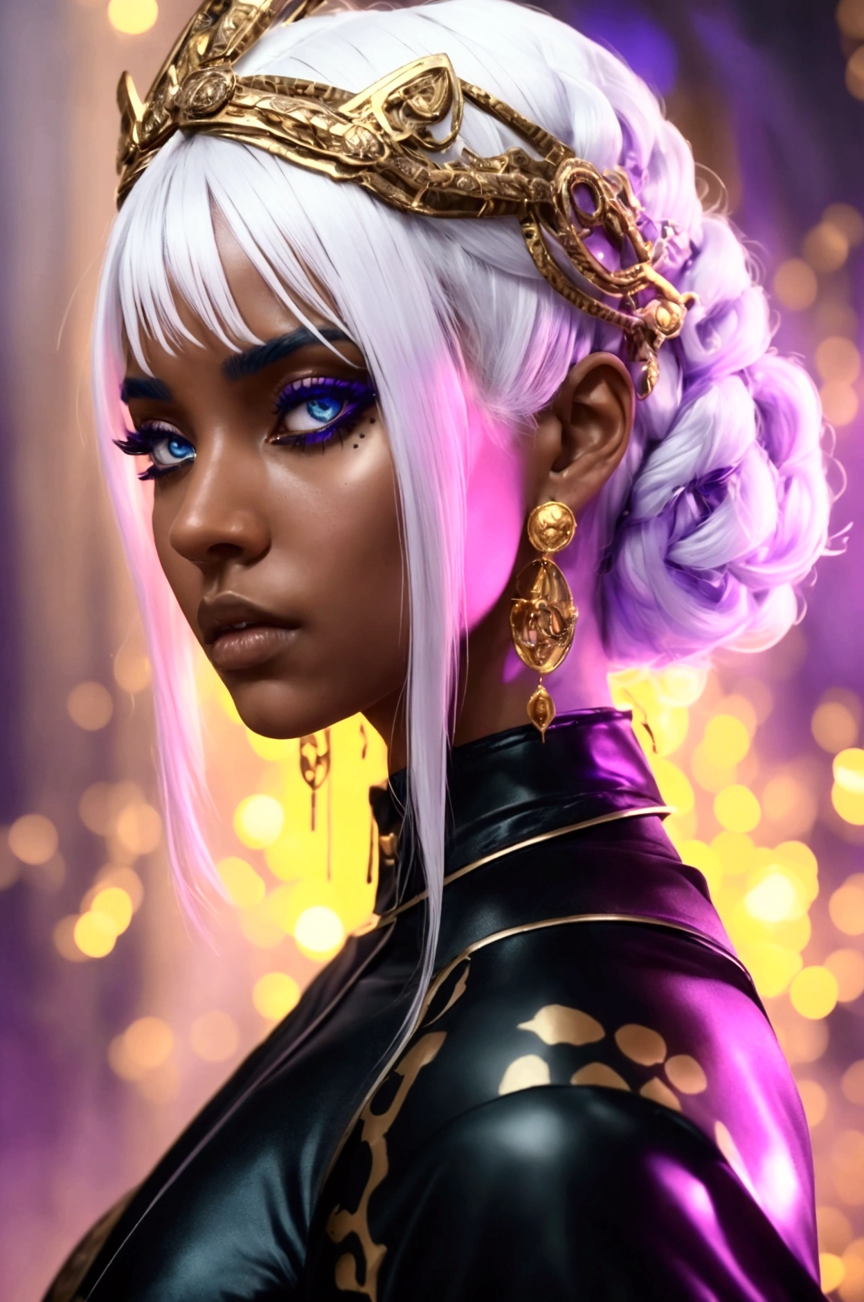 A  with a strap of straight white hair., Dark skin, latin descent, purple irises, wearing a black tactical suit with gold threads and wearing gold snake-shaped earrings.. detailed eyes, detailed face, intricate grunge outfits, cinematic lighting, realistic strong backlit concept art.QueenMystery, in the style of Georgia O'Keeffe, dramatic, romantic, pastel, --c 51