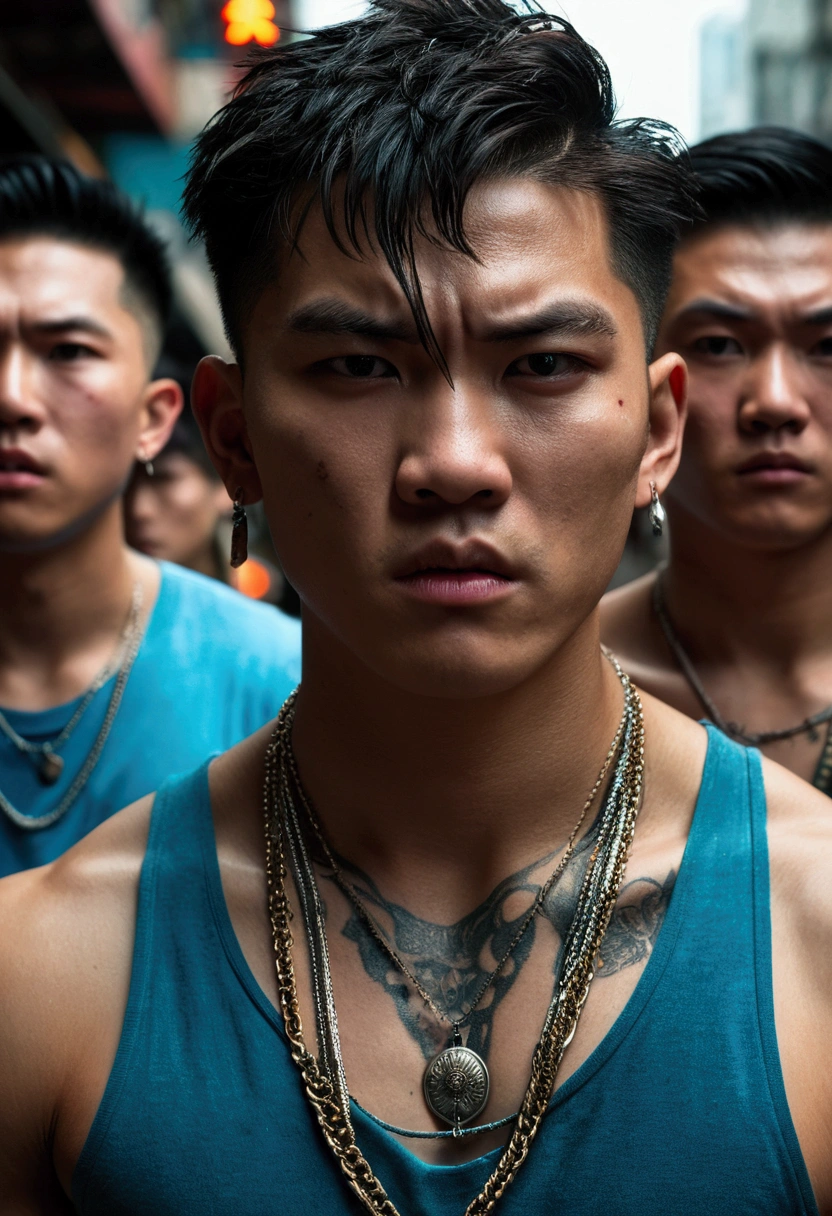 Close-up of a group of extremely handsome, 15-year-old, muscular, tattooed, necklace-wearing, high-tailed young men, street scene, gangster style, romance, Hong Kong cinema, knives, guns, spears, clubs. Their eyes are filled with sadness and longing. The background is a trail of blood and violence. Cinematic lighting, high detail, 8k, artstation, conceptual art, dark fantasy. Photo taken with a Canon EOS R5 85mm f/11 camera, ((sharp)) mode of people and surroundings. Image quality ((8K)), ((realistic)), ((masterpiece)), ((sharpest and highest contrast)), ((excellent depth of field)), ((stereoscopic lighting)). ((angry, ferocious)), detailed pores, ((Direct facial lighting)), bright sunlight.