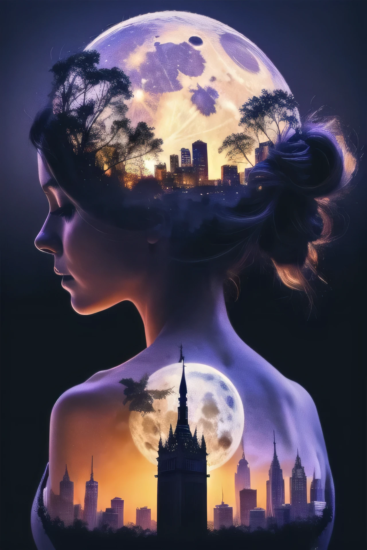 a praying girl, city in ruins, double exposure, 
girl playing violin, full moon, surreal, fractal,