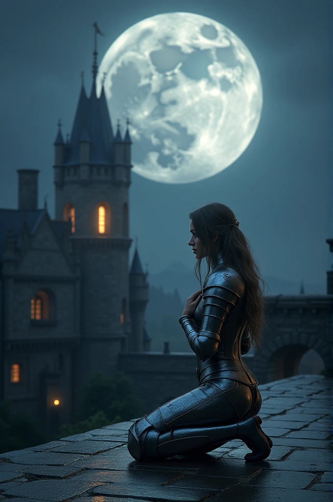 ((masterpiece, top quality, high resolution, highly detailed CG unified 8K wallpaper)), (huge stunning goddess shot, very hot and sexy, jaw dropping beauty, perfect proportions, beautiful body, slim body beauty:1.3), Moonlit Confession, On the balcony of an old castle at night, a female knight crouches on one knee and gazes at you, A female knight in medieval armor, crouching on one knee, administers the knightly oath to you, a huge full moon in the background, lighting from behind, hands on her chest as she offers you the knight's oath, silver armor shining in the moonlight, front view,