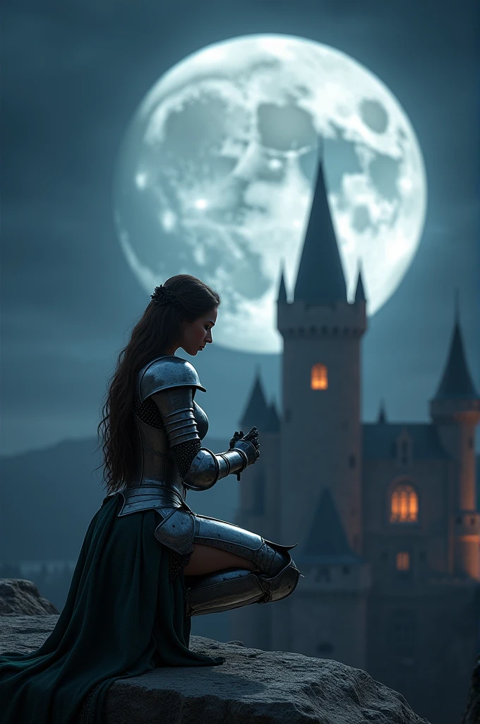 ((masterpiece, top quality, high resolution, highly detailed CG unified 8K wallpaper)), (huge stunning goddess shot, very hot and sexy, jaw dropping beauty, perfect proportions, beautiful body, slim body beauty:1.3), Moonlit Confession, On the balcony of an old castle at night, a female knight crouches on one knee and gazes at you, A female knight in medieval armor, crouching on one knee, administers the knightly oath to you, a huge full moon in the background, lighting from behind, hands on her chest as she offers you the knight's oath, silver armor shining in the moonlight, front view,